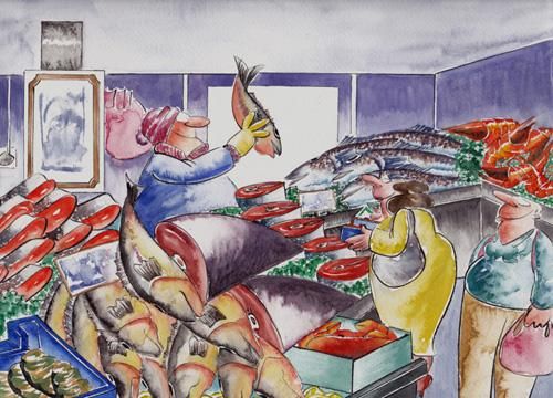 500x360 Cartoon Of A Woman Buying Seafood In Fish Market - Fish Market Drawing
