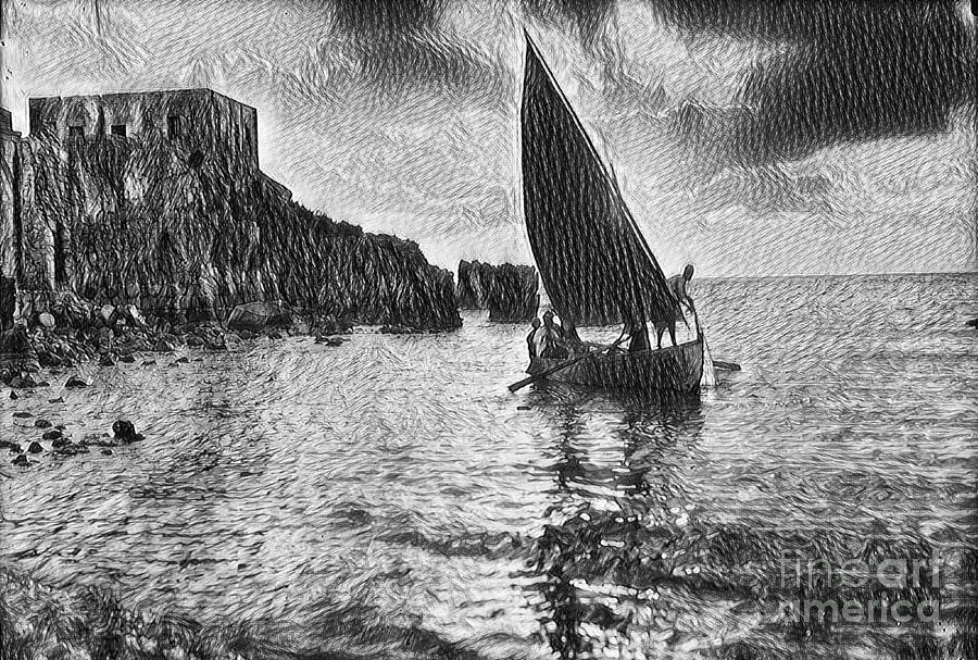 900x607 Caesarea Kaisarieh Sunset Scene With Fishing Boat - Fisherman Drawing