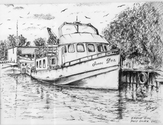 570x436 old fishing boat graphite pencil drawing print from an original - Fishing Boat Drawing