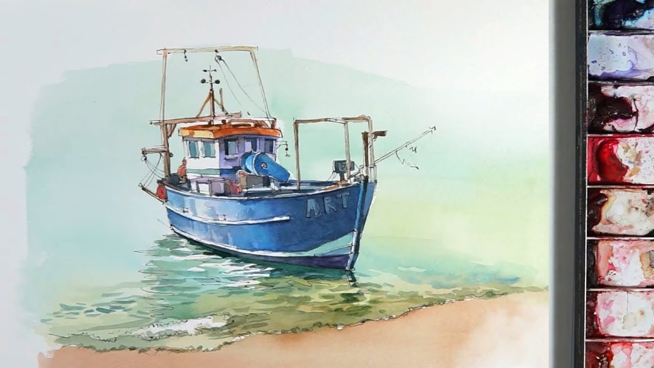 1280x720 Line And Wash Watercolor A Small Fishing Boat Near The Beach - Fishing Boat Line Drawing