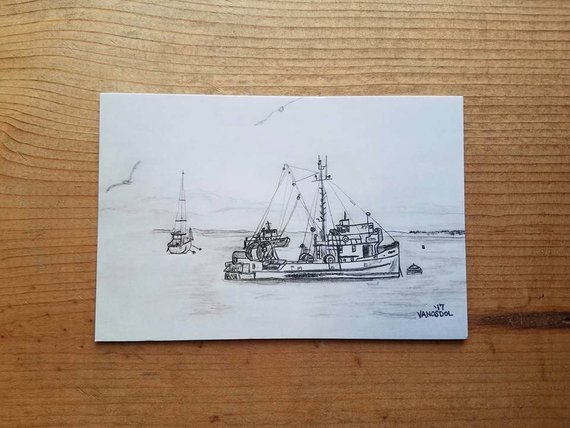570x428 old fishing boats coastal seascape postcard graphite pencil etsy - Fishing Boat Line Drawing
