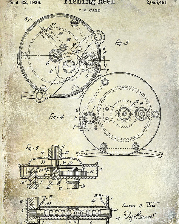 600x749 Fishing Reel Patent Drawing Poster - Fishing Reel Drawing