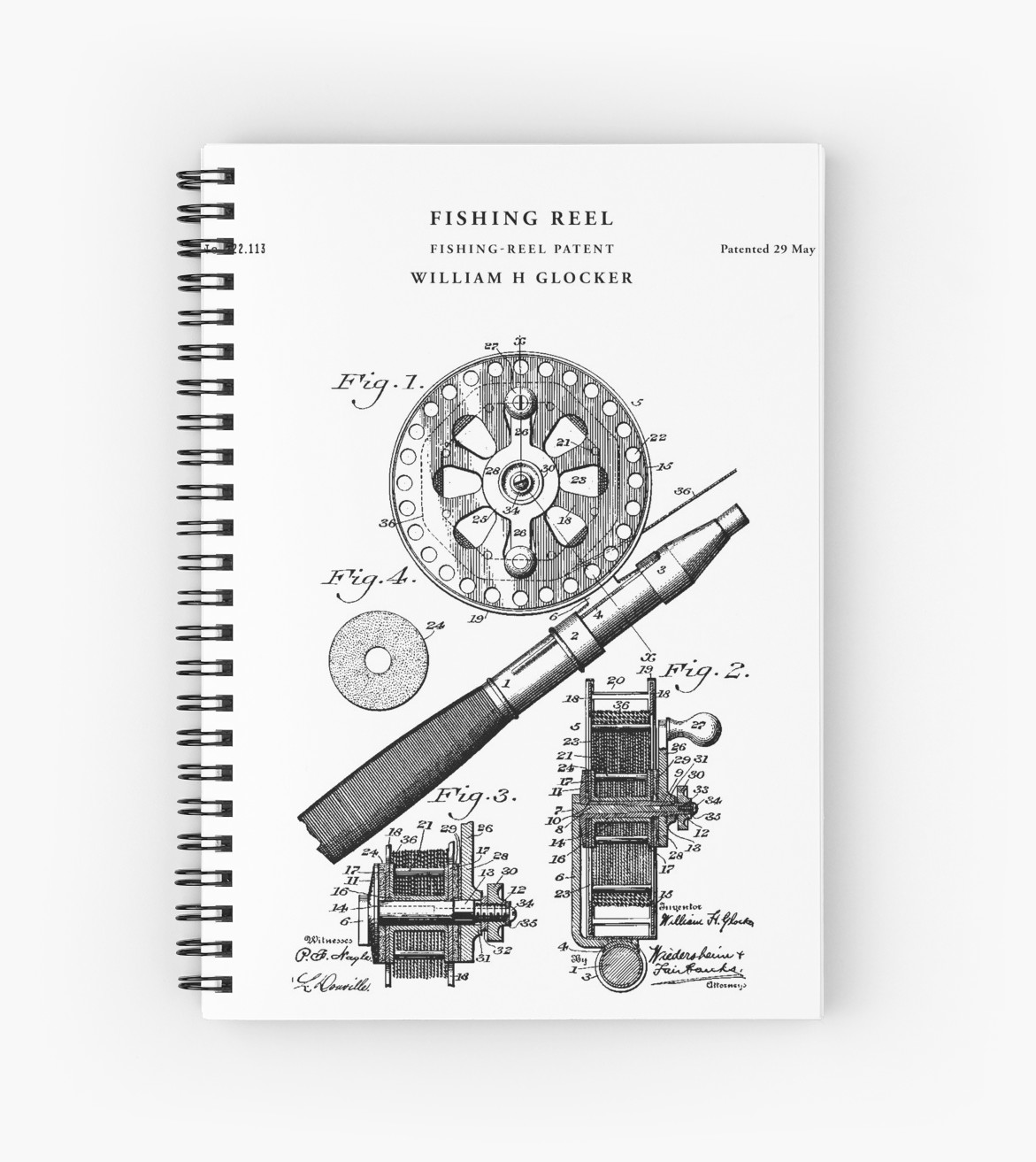 1171x1313 Fishing Reel Patent Drawing Blueprint Spiral Notebooks - Fishing Reel Drawing