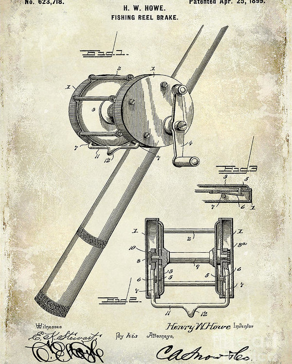 600x749 Fishing Reel Brake Patent Drawing Poster - Fishing Reel Drawing