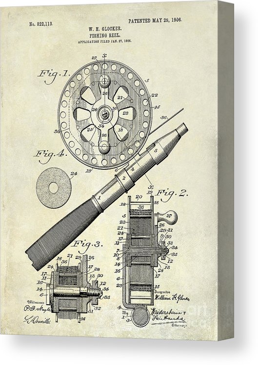 529x750 Fishing Reel Patent Drawing Canvas Print Canvas Art - Fishing Reel Drawing