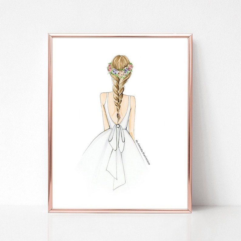 794x794 Flower Crown Fishtail Braid Fashion Illustration Print Art Etsy - Fishtail Braid Drawing