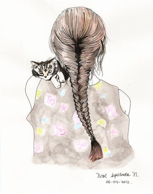 500x634 Drawing Cat Fishtail Braid Tumblr I Hate Cats But The Hair Is - Fishtail Braid Drawing
