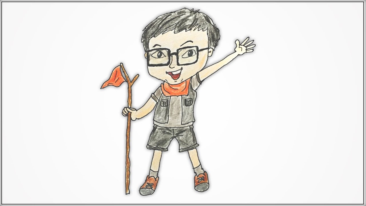 1280x720 How To Draw Cute Boy Scout Cartoon Holding Flag Pole For Kids - Flag Pole Drawing