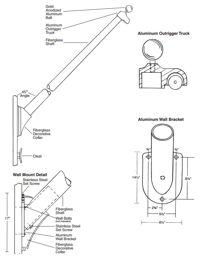 644x837 Outrigger Wall Mount Flagpole Fiberglass Series - Flag Pole Drawing