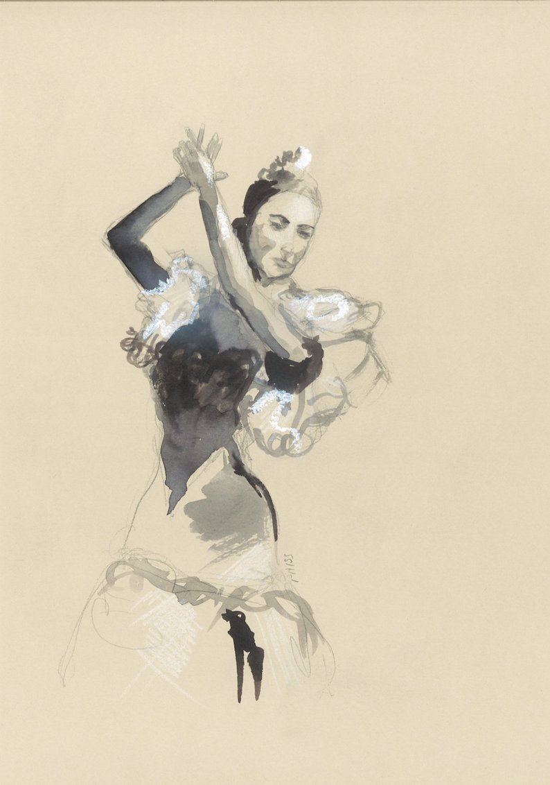 794x1132 Flamenco Dancer Drawing Watercolor And Pastel Wall Art Etsy - Flamenco Dancer Drawing