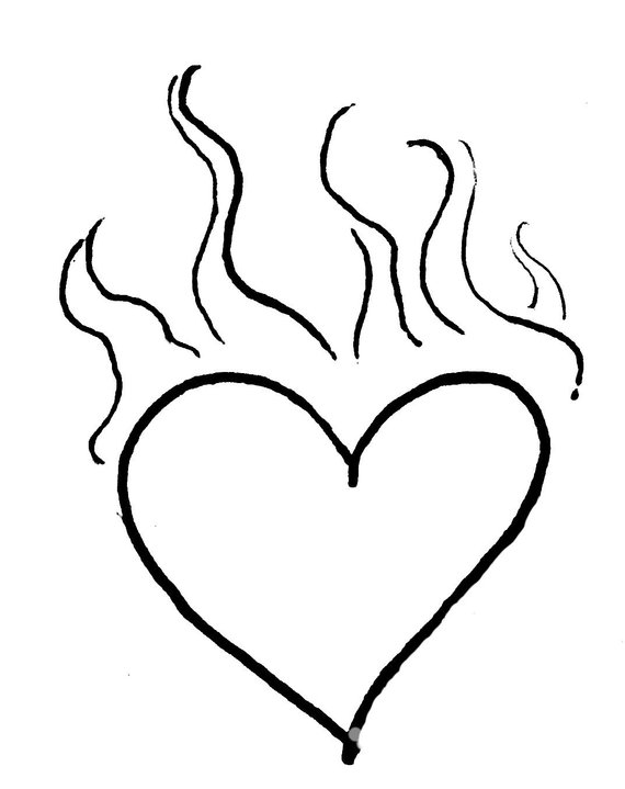 570x719 flaming heart sketch red rubber stamp original design etsy - Flaming Heart Drawing