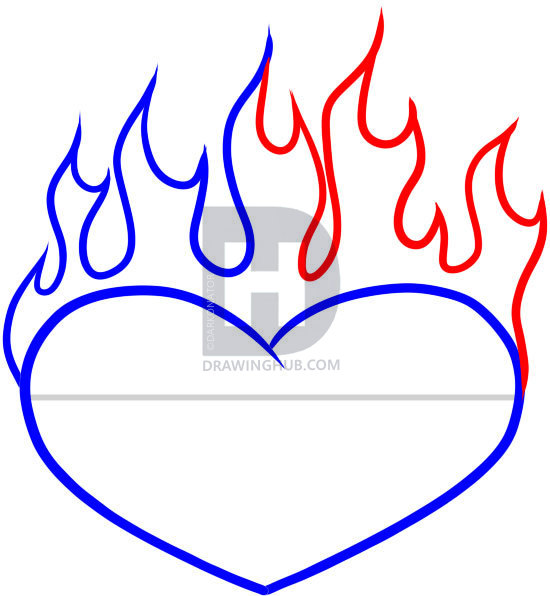550x596 How To Draw A Heart On Fire, Step - Flaming Heart Drawing
