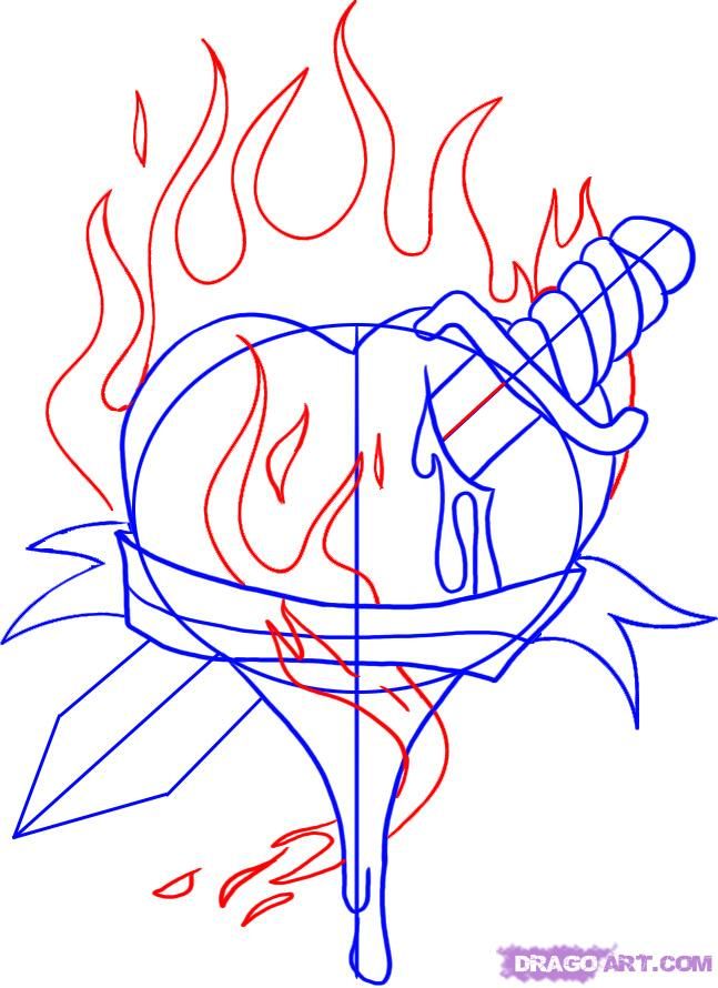 647x890 how to draw a flaming heart with dagger art lessons handouts - Flaming Heart Drawing