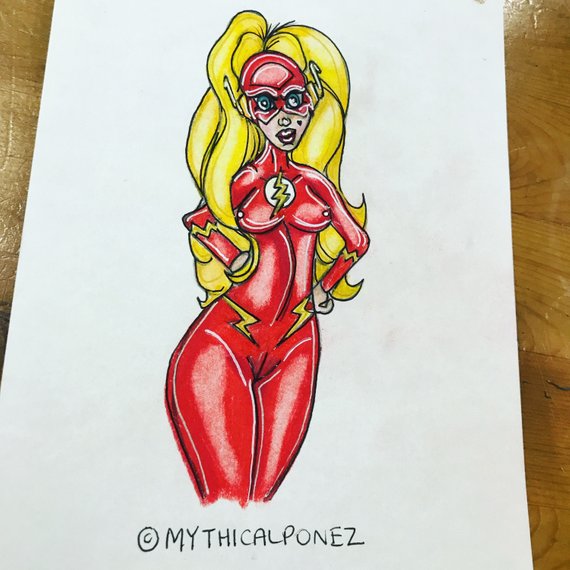 570x570 Female Flash Superhero Art Oiginal Drawing Illustration Etsy - Flash Superhero Drawing