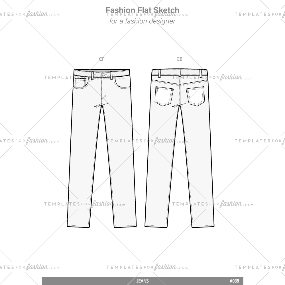 1000x1000 Pants Jeans Fashion Flat Technical Drawing Vector Template - Flat Drawing