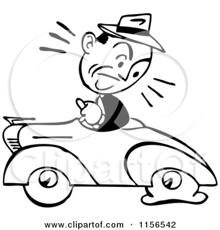450x470 clipart of a black and white retro man driving a car with a flat - Flat Tire Drawing