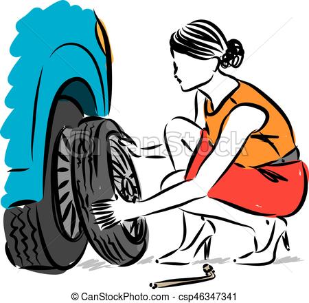 450x440 Woman Changing Flat Tire Vector Illustration - Flat Tire Drawing