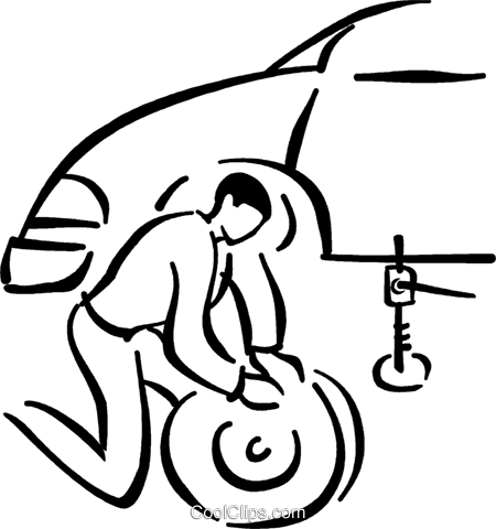 450x480 Man Fixing A Flat Tire Royalty Free Vector Clip Art Illustration - Flat Tire Drawing