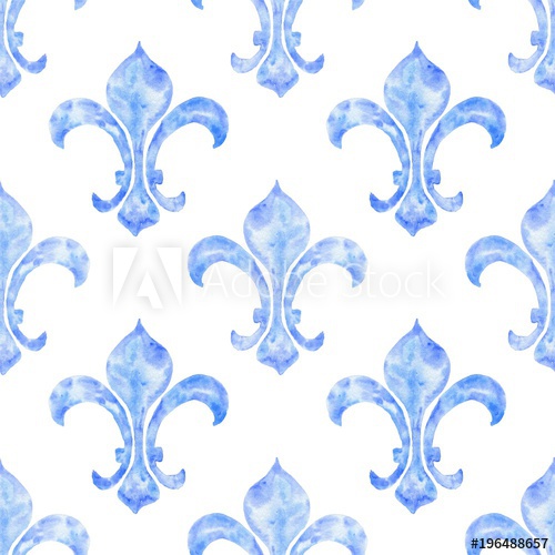 500x500 Fleur De Lys Hand Drawn Watercolor Blue Ornamen Seamless - Fleur De Lys Drawing