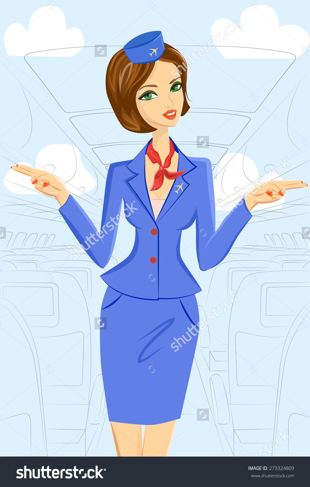 1018x1600 cute cheerful female flight attendant in blue and red uniform - Flight Attendant Drawing