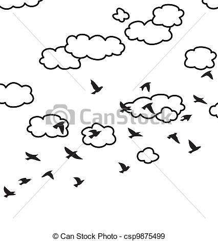 426x470 vector flock of flying birds and clouds in the sky vector black - Flock Drawing