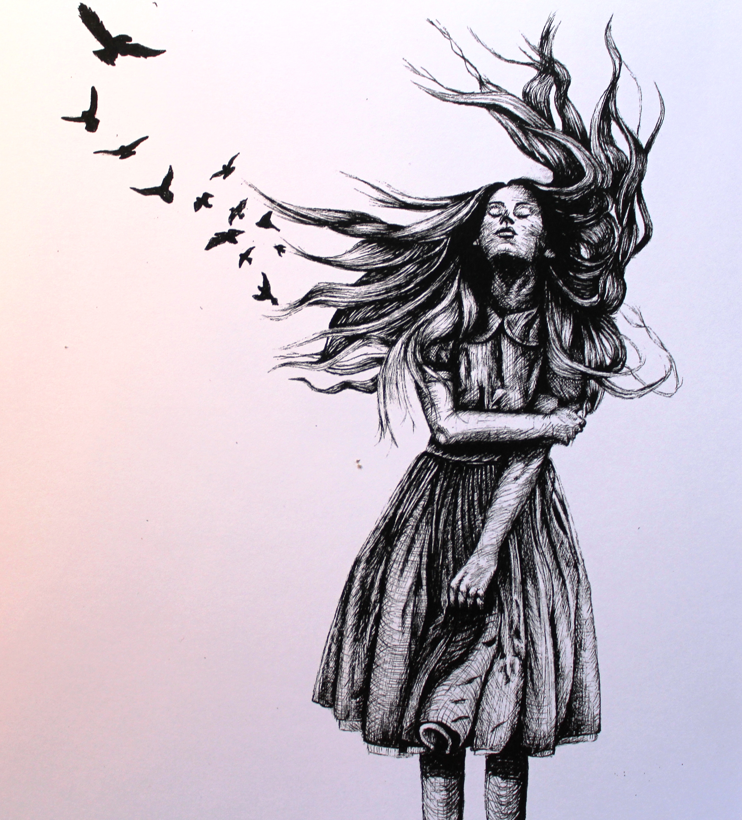 3017x3334 artfido buy art online print tattoo art girl and birds - Flock Of Birds Drawing