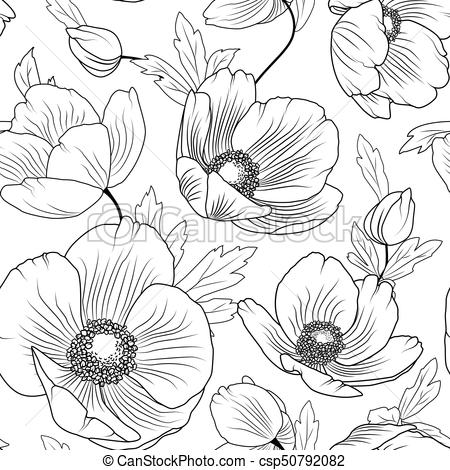 450x470 Poppy Flowers Seamless Pattern Texture Black White Poppy Flowers - Floral Pattern Drawing