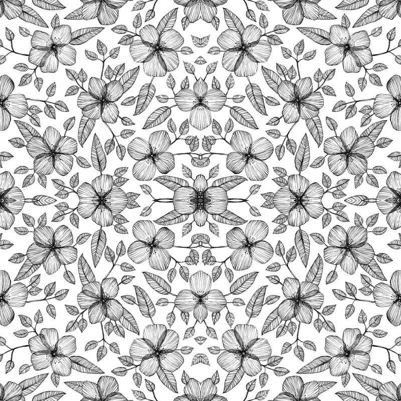 800x800 Black White Floral Line Drawing Pattern Wallpaper - Floral Pattern Drawing