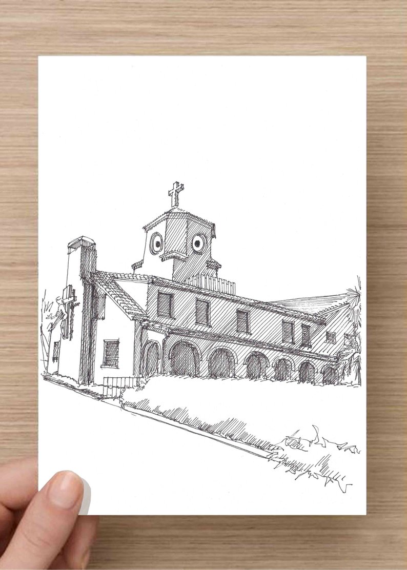 794x1112 Ink Drawing Of Chicken Church In Saint Pete Florida Etsy - Florida Drawing