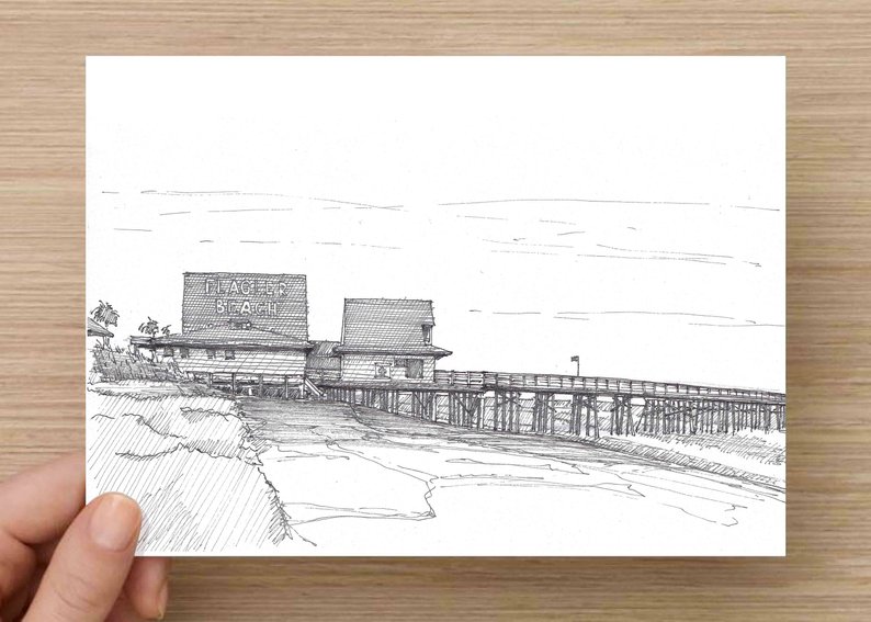 794x567 Ink Drawing Of Flagler Beach Pier Florida Drawing Art Etsy - Florida Drawing