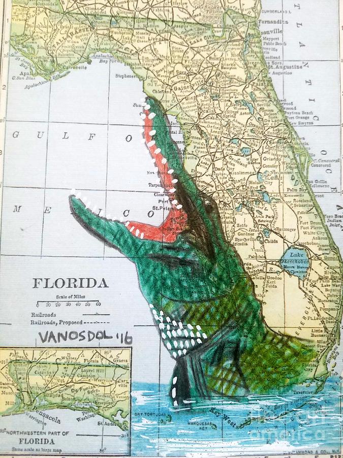 675x900 Vintage Florida Map Gator Drawing - Florida Map Drawing