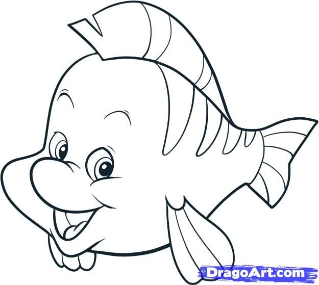 625x559 how to draw the little mermaid how to draw flounder, step - Flounder Drawing