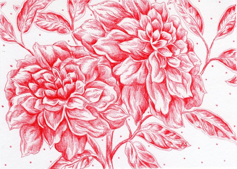 794x568 red ink drawing flower art red wall art decor hand drawn etsy - Flower Art Drawing