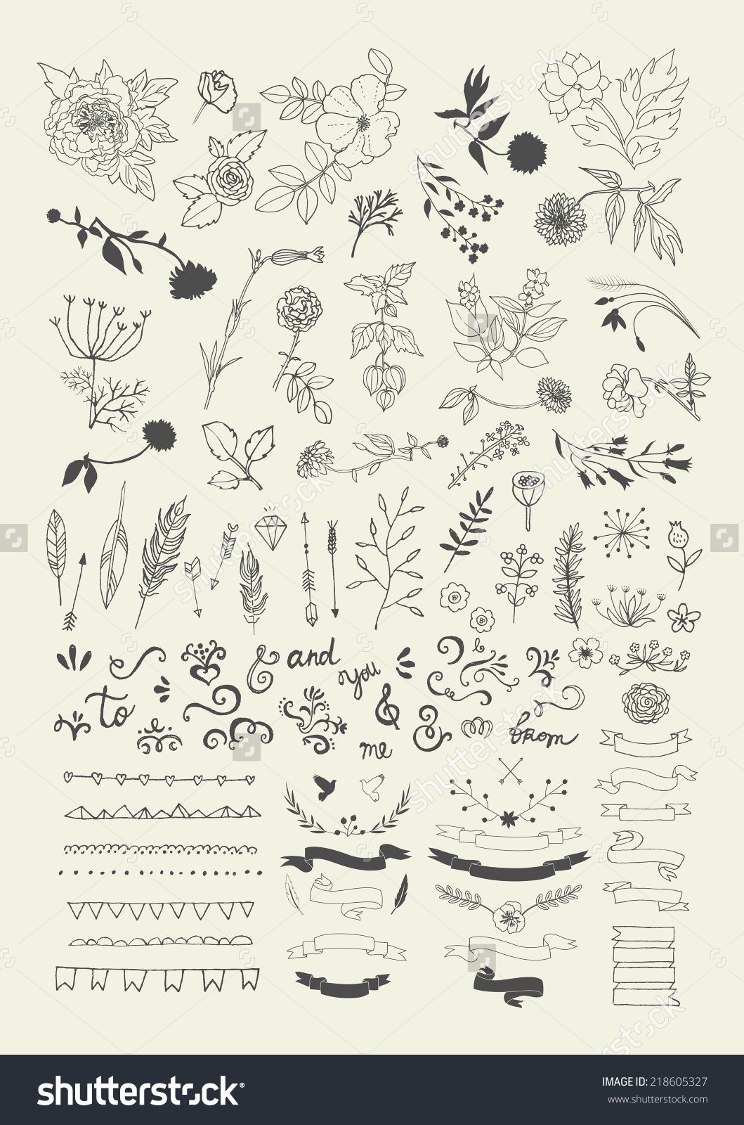 1059x1600 hand drawn vintage floral elements swirls, laurels, frames - Flower Banner Drawing