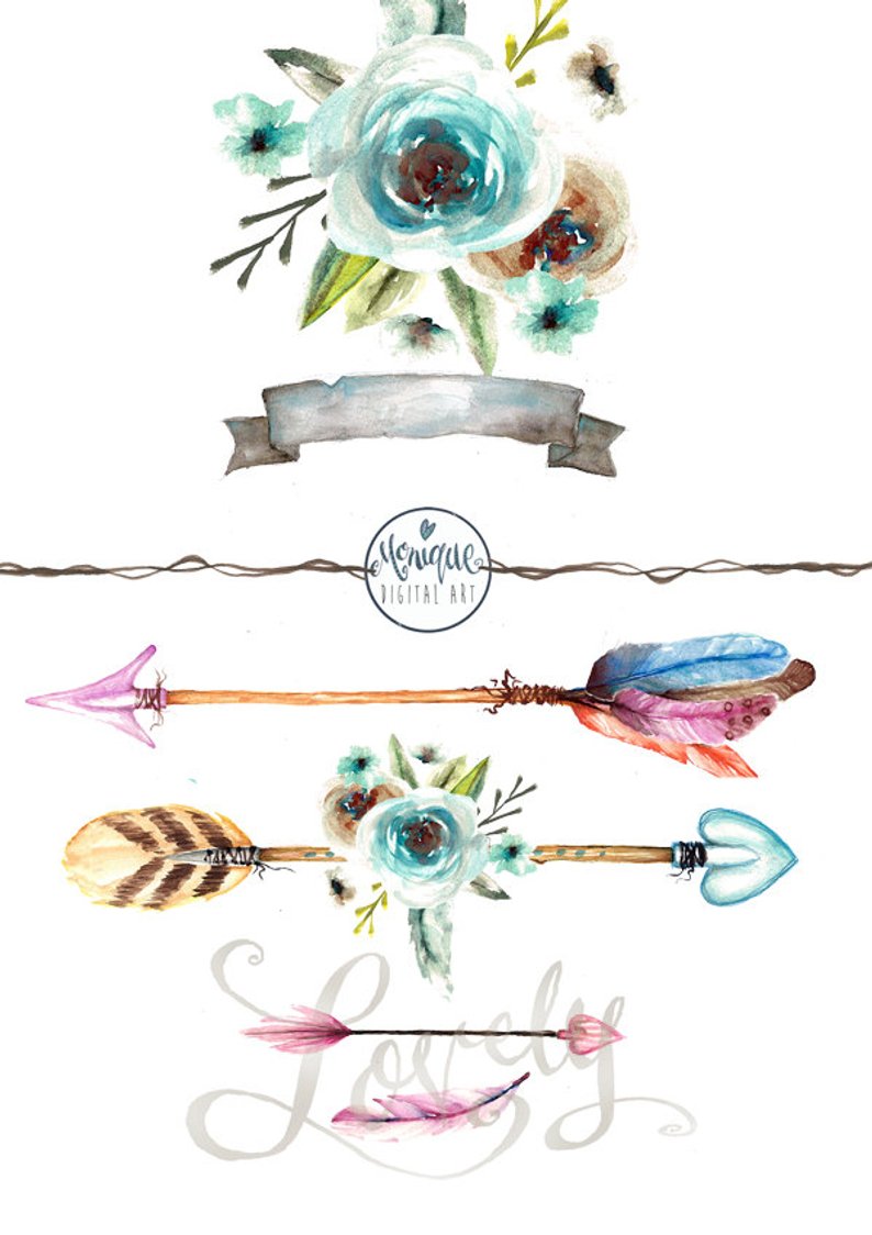 794x1124 Clipart Watercolor Arrowsfeathers Boho Tribal Flowers Etsy - Flower Banner Drawing