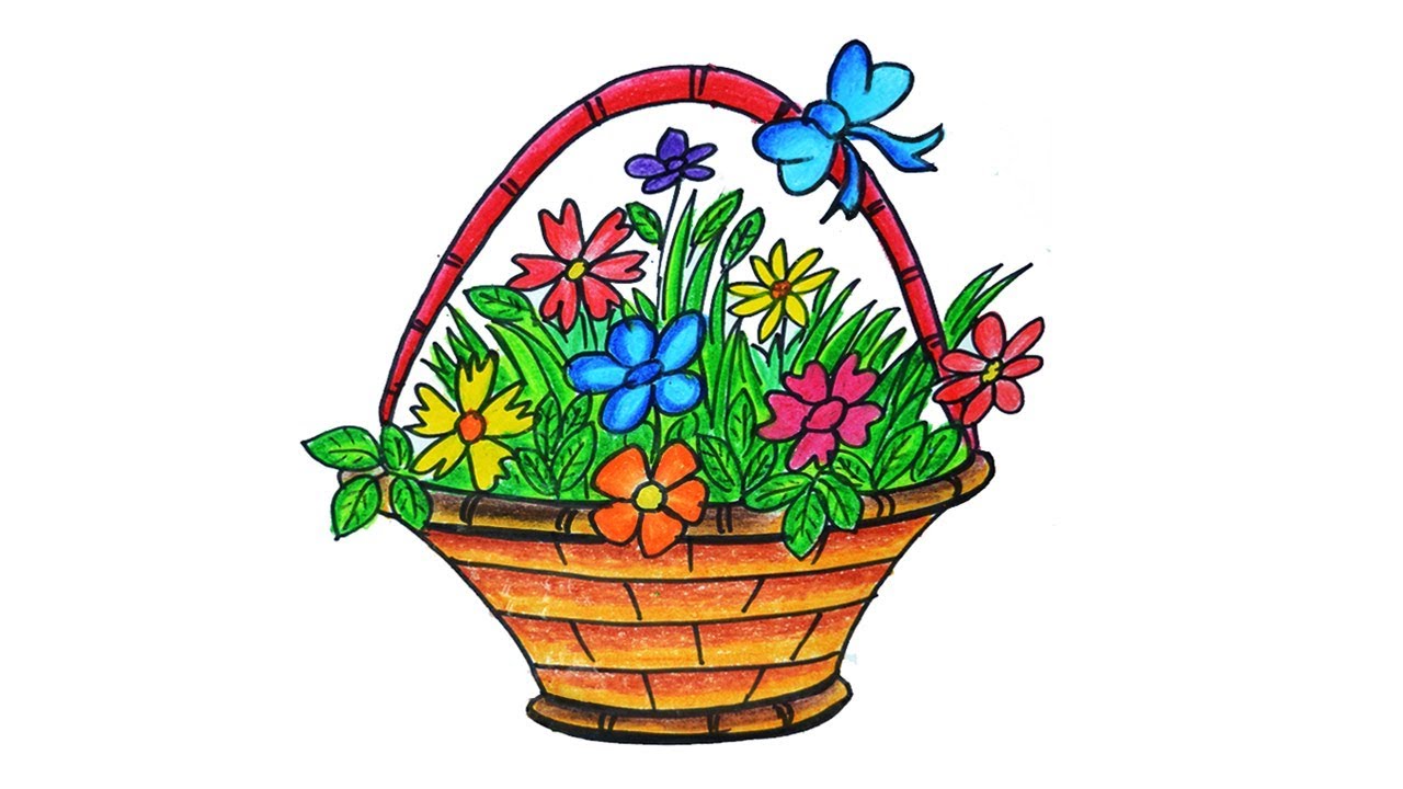 1280x720 flower basket drawing, how to draw flower basket step - Flower Basket Drawing