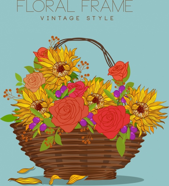 544x600 decorative flowers basket drawing multicolored handdrawn sketch - Flower Basket Drawing