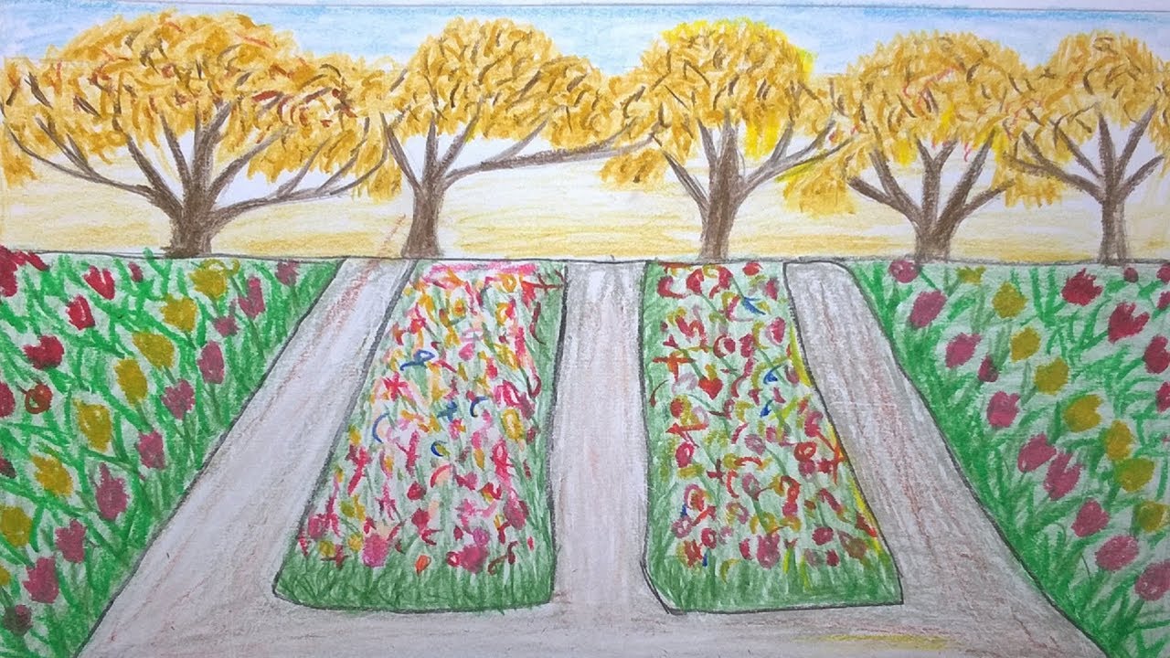 1280x720 How To Draw Scenery Of Flower Garden Step - Flower Bed Drawing