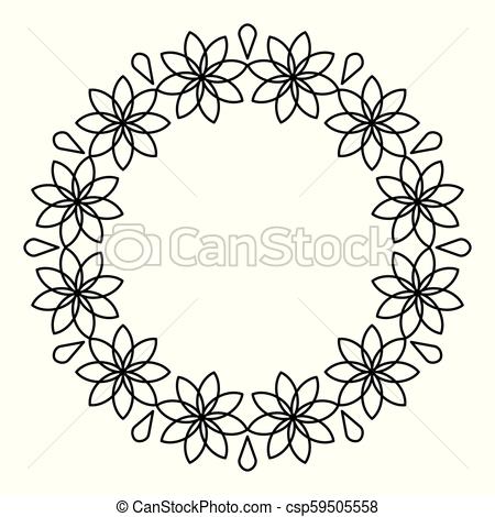 450x470 Outline Flowers Circle Frame Design, Monochrome, Floral Border - Flower Circle Drawing