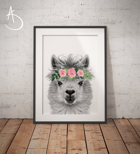 570x624 llama flower crown llama print printable art animals floral etsy - Flower Crown Drawing