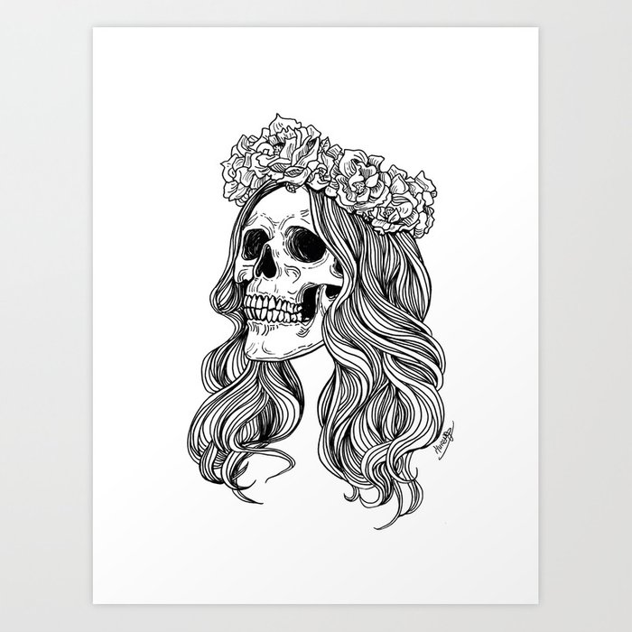700x700 Skull With Flower Crown Art Print - Flower Crown Drawing