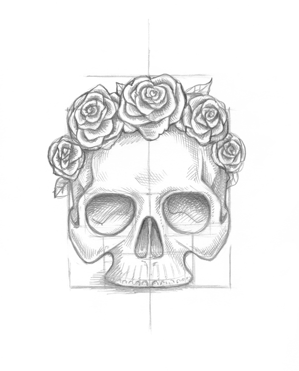 600x745 use ink liners to create a skull and roses drawing - Flower Crown Drawing