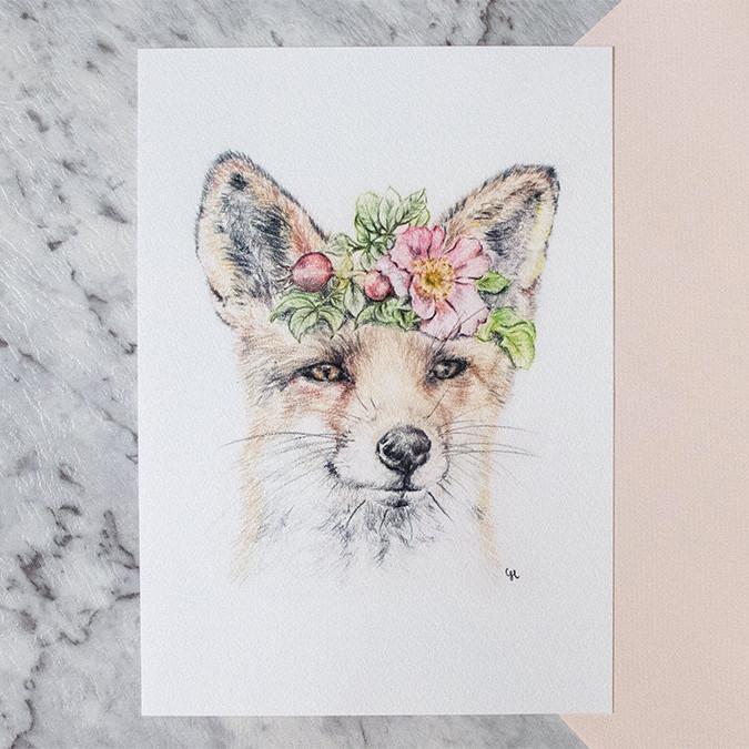 675x675 Woodland Fox With Floral Crown Archival Art Print Carmen Hui - Flower Crown Drawing