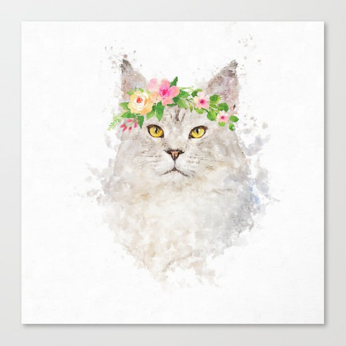 700x700 Boho Cat Portrait With Flower Crown Canvas Print - Flower Crown Drawing