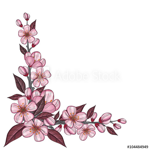 500x500 tree branch drawing with pink cherry flowers for corner decoration - Flower Decoration Drawing