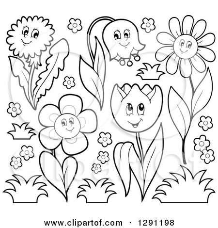 450x470 Black And White Happy Cartoon Flower Characters With Grass Posters - Flower Drawing Cartoon