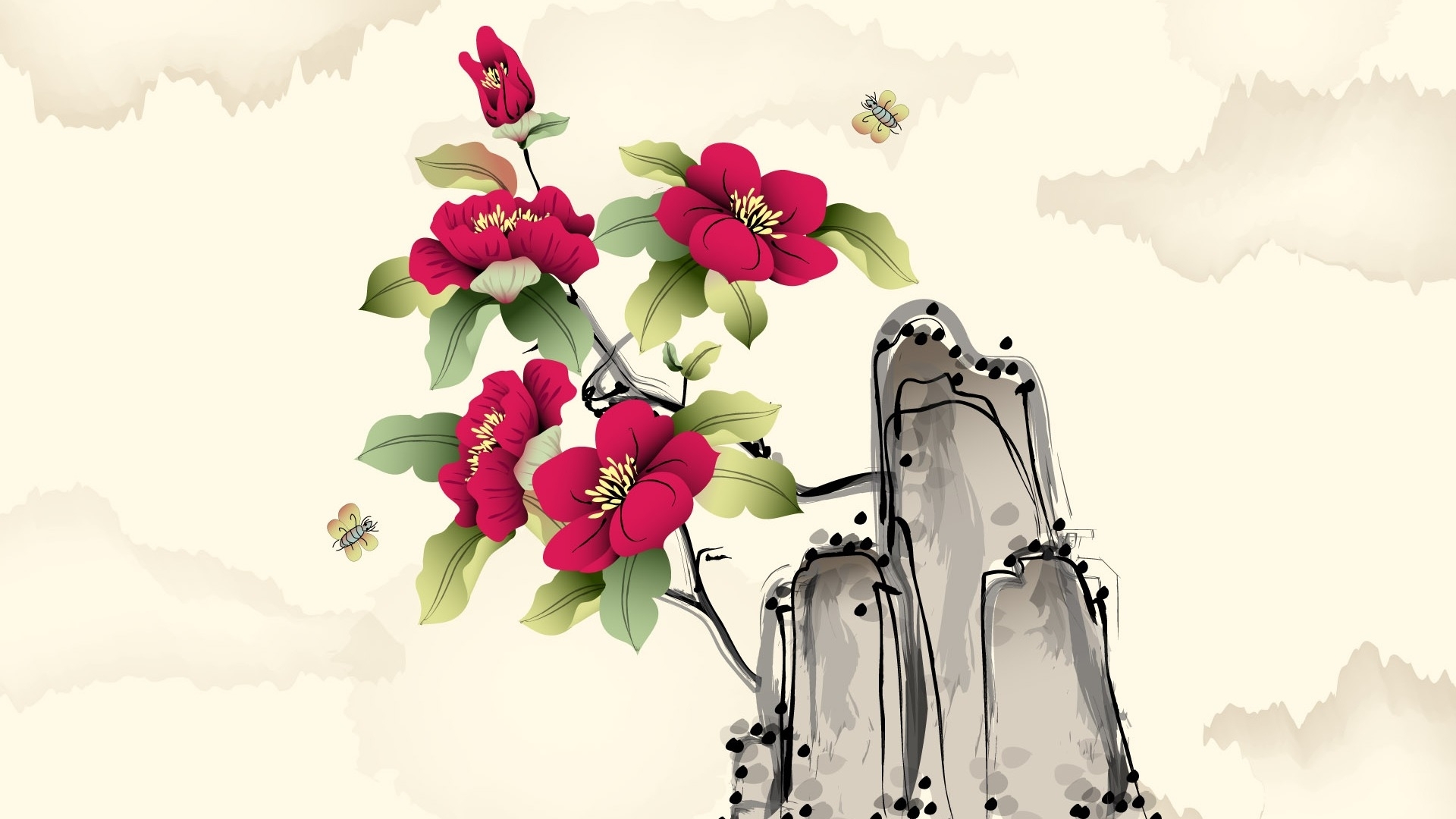 1920x1080 Wallpaper Drawing, Illustration, Flowers, Clouds, Rocks, Blossom - Flower Drawing Wallpaper