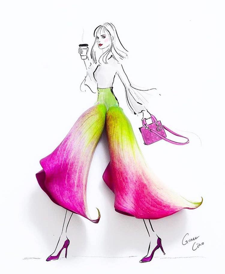 750x913 Artist Creates Fashion Illustrations Of Floral Dresses Using - Flower Dress Drawing