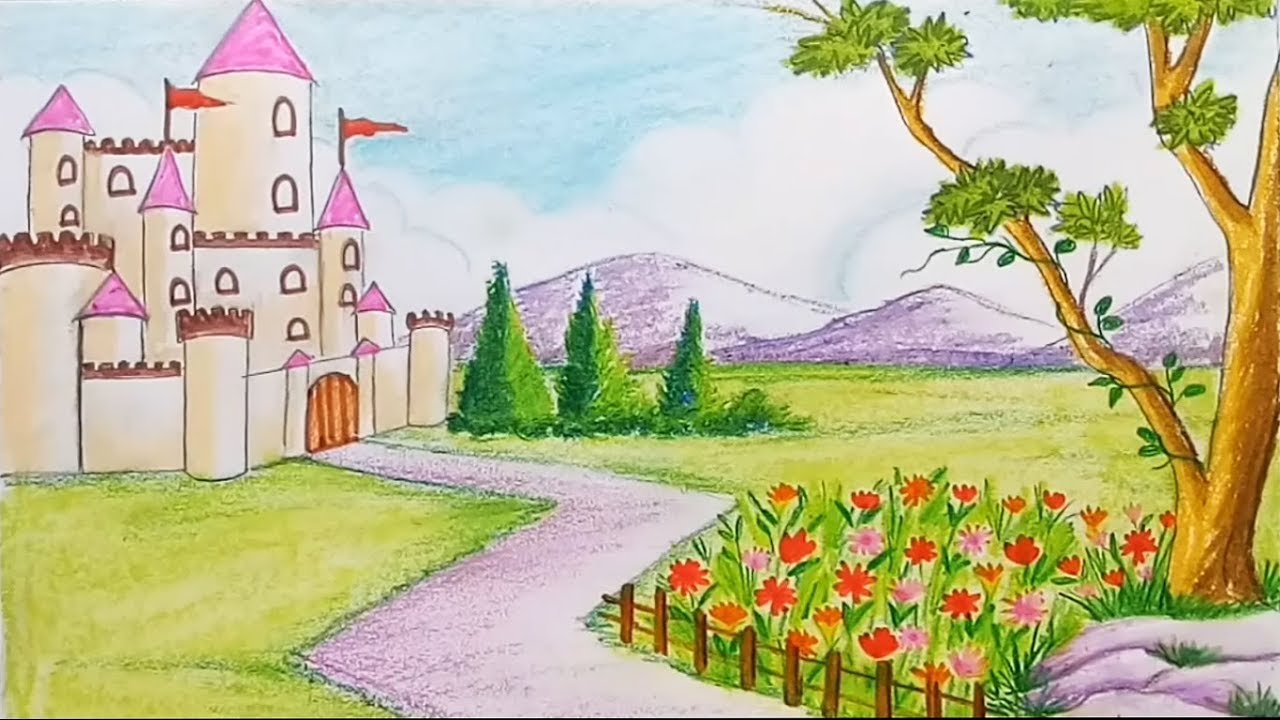 1280x720 How To Draw A Scenery Of Flower Garden With Castle Step - Flower Garden Drawing