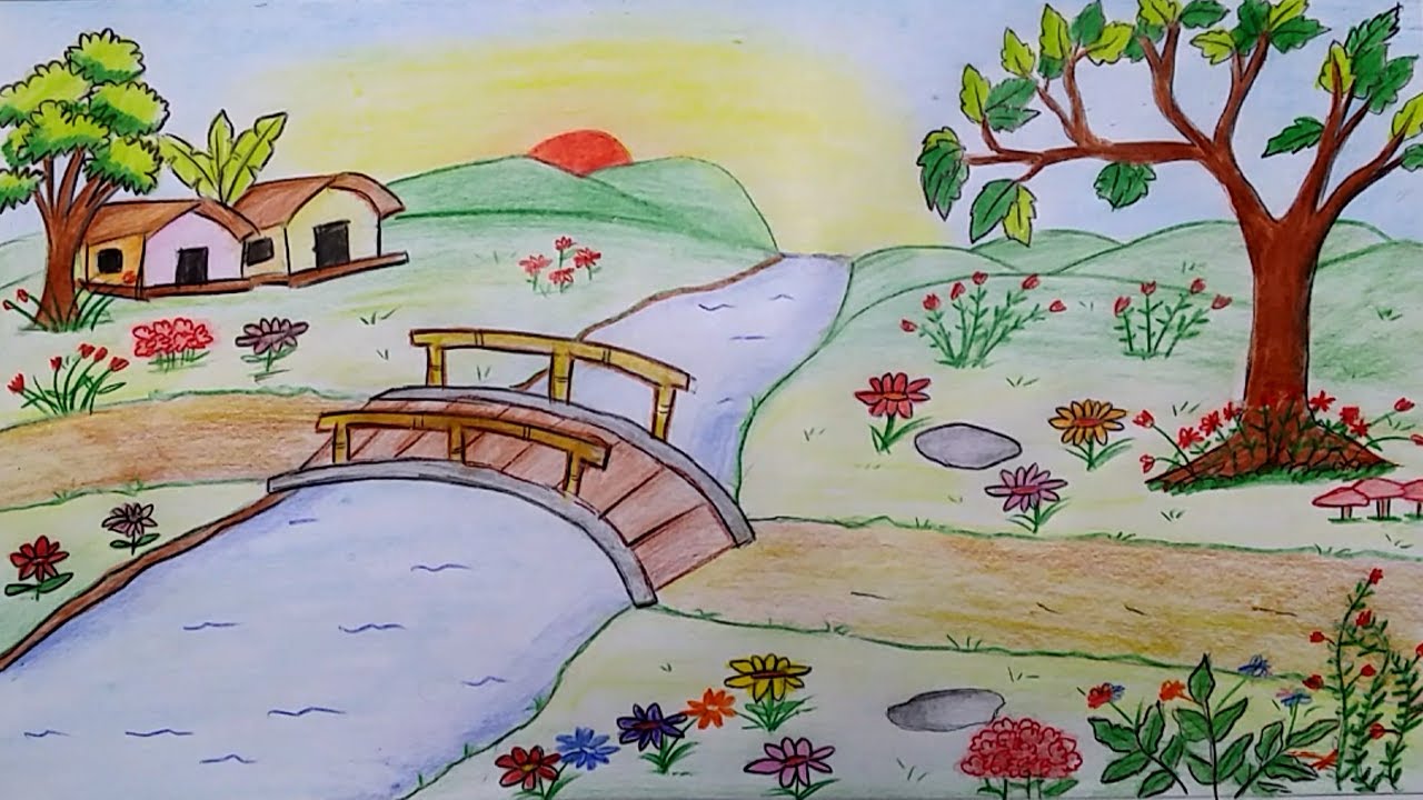 1280x720 How To Draw Scenery Of A Flower Garden Step - Flower Garden Drawing